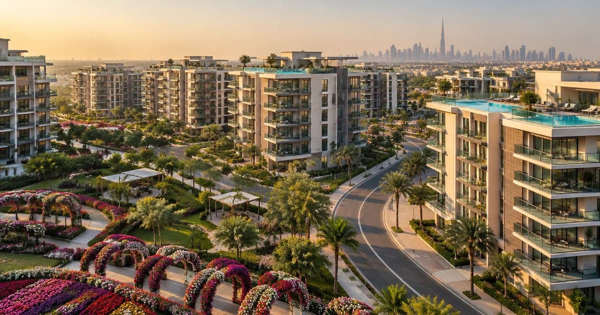 Mid-rise apartment buildings beside a flower garden at golden hour for an Arjan off-plan broker guide