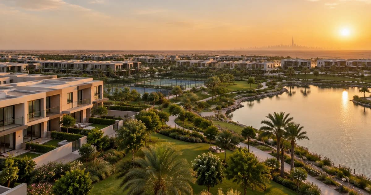 Damac Hills 2 townhouses beside a green park and lake at golden hour for a Damac Hills 2 off-plan broker guide