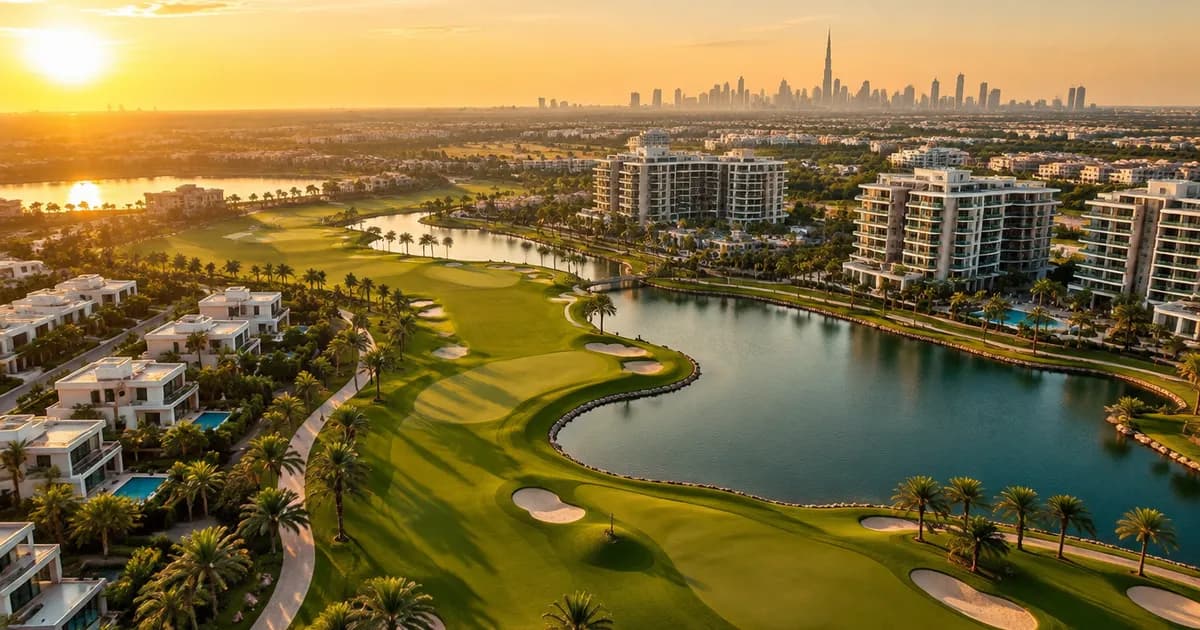 Aerial view of a Dubai golf-course community with villas and mid-rise residences for a Damac Hills off-plan guide