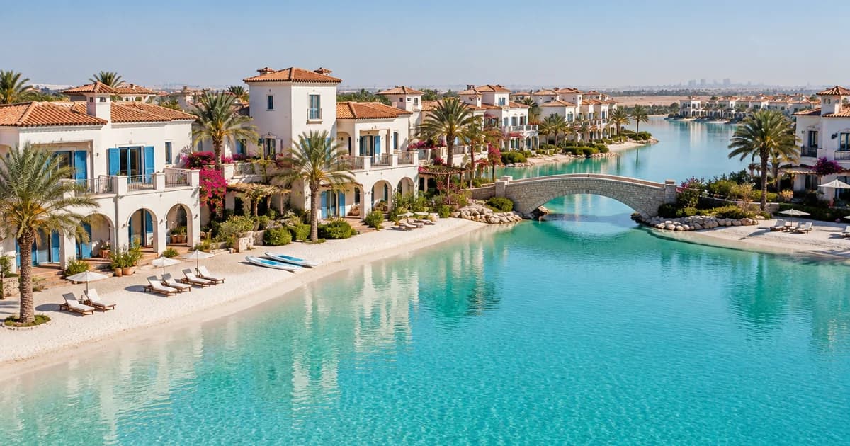 Mediterranean-style townhouses beside a turquoise lagoon and stone bridge for a Damac Lagoons off-plan broker guide