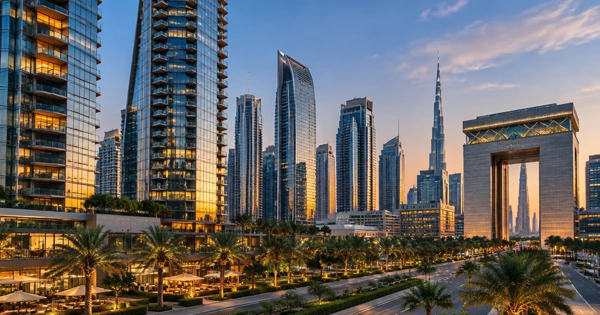 DIFC skyline with glass towers, the Gate building and a palm-lined boulevard at golden hour, a DIFC off plan guide cover