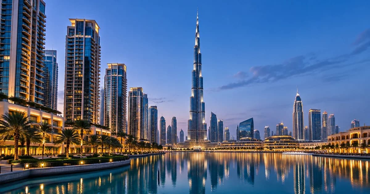 Downtown Dubai towers and Burj Khalifa at blue hour for a Downtown Dubai off-plan broker guide