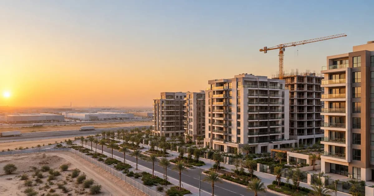 New apartment blocks and a crane at sunset beside warehouses, illustrating Dubai Industrial City off-plan projects