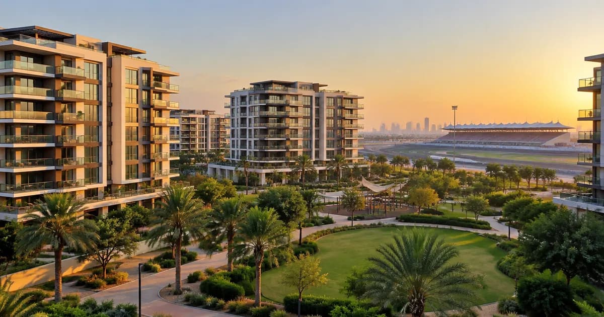 Mid-rise apartments, palm-lined park and racetrack grandstand in Dubai Motor City for an off-plan broker guide