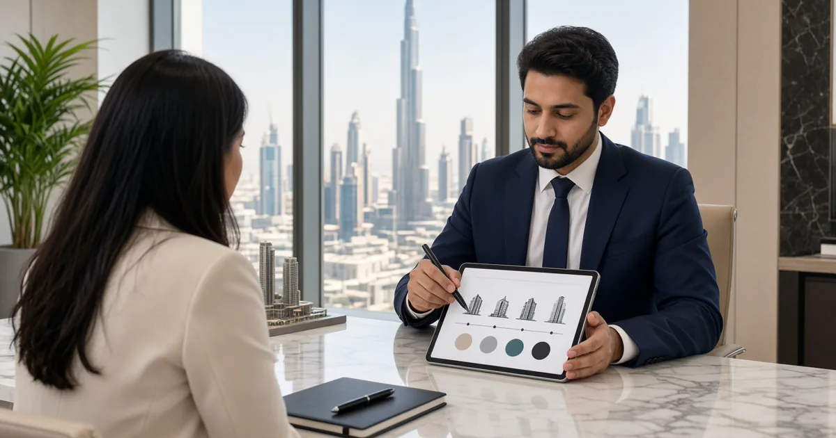 Dubai broker reviewing an off-plan payment plan schedule with a client in a bright office