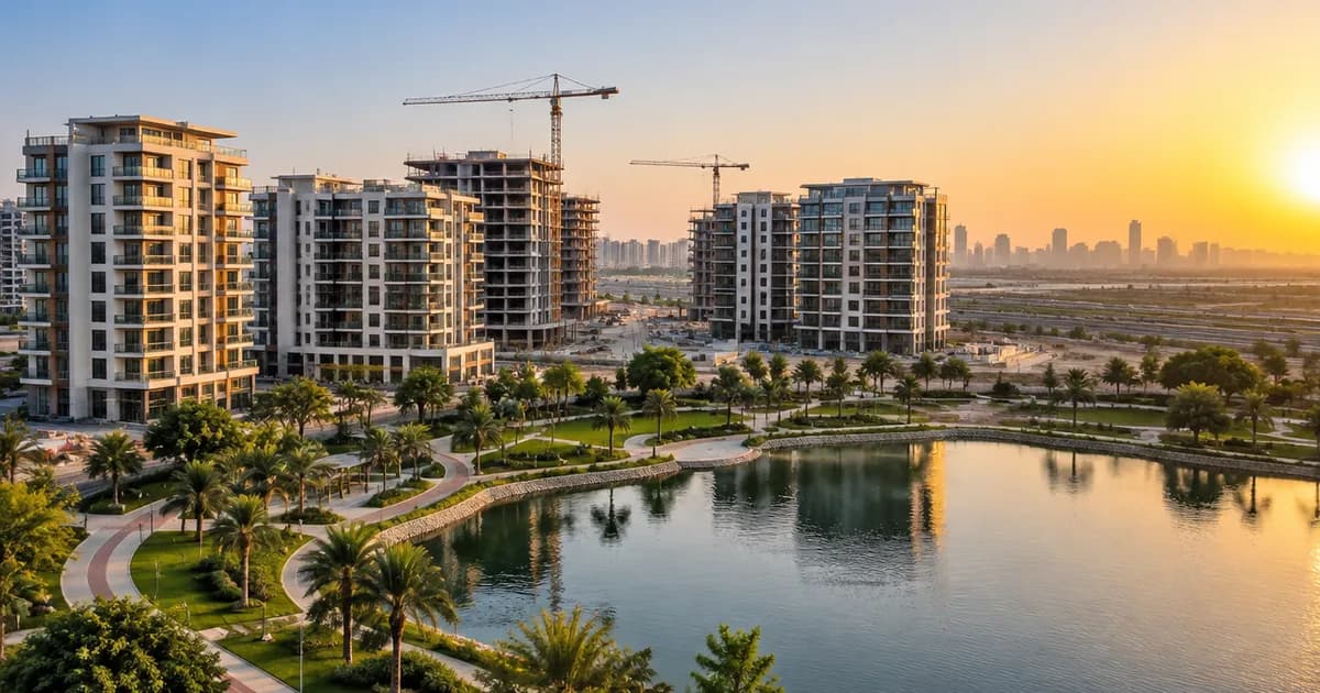 Dubai Production City mid-rise apartment towers, cranes and lakeside park at golden hour for an off plan broker guide