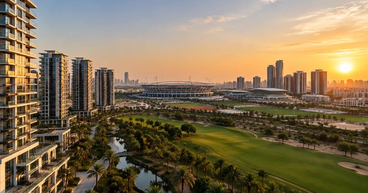 Dubai Sports City skyline and sports-community towers for an off-plan broker guide