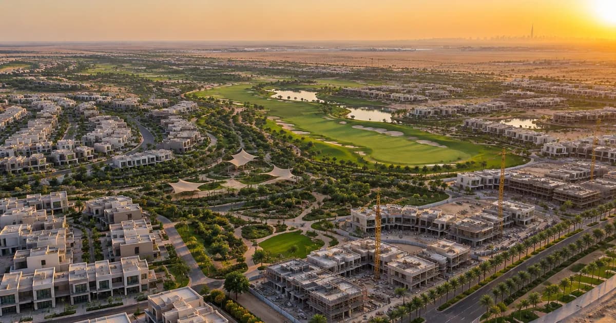 Emaar South townhouses and villas beside golf course fairways at golden hour, an off plan guide cover for brokers