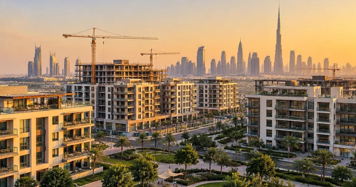 New mid-rise apartment buildings, cranes and a park in Jumeirah Garden City at golden hour, an off plan guide cover
