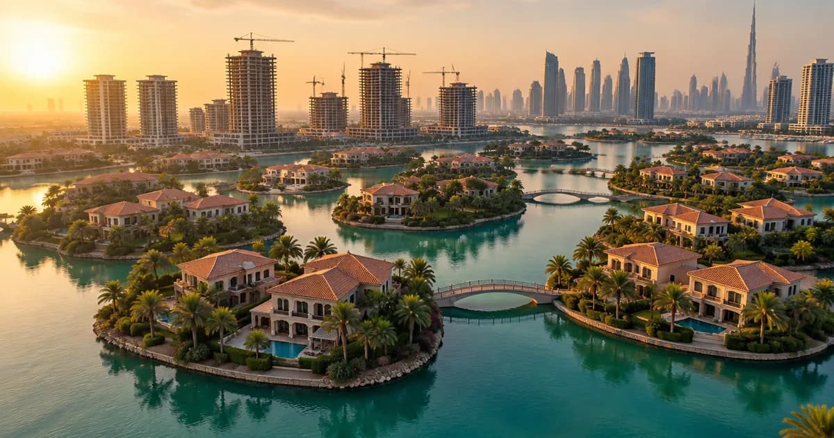 Aerial view of Jumeirah Islands villas on lakeside islands with towers rising behind, an off plan guide cover