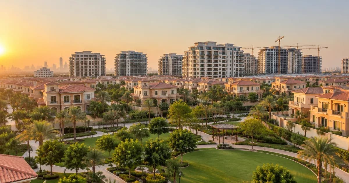Jumeirah Village Triangle villas, park and new mid-rise towers at golden hour for a JVT off plan broker guide