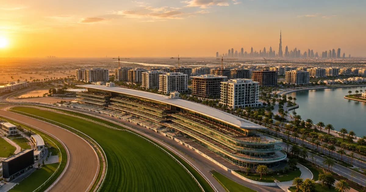 Aerial view of Meydan Racecourse grandstand with new apartment towers and cranes behind, a Meydan off plan guide cover