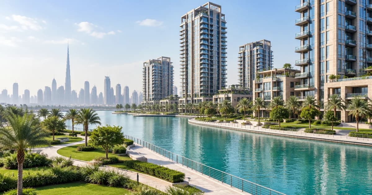 Waterfront high-rise towers beside landscaped canals in Sobha Hartland II for an off-plan broker guide
