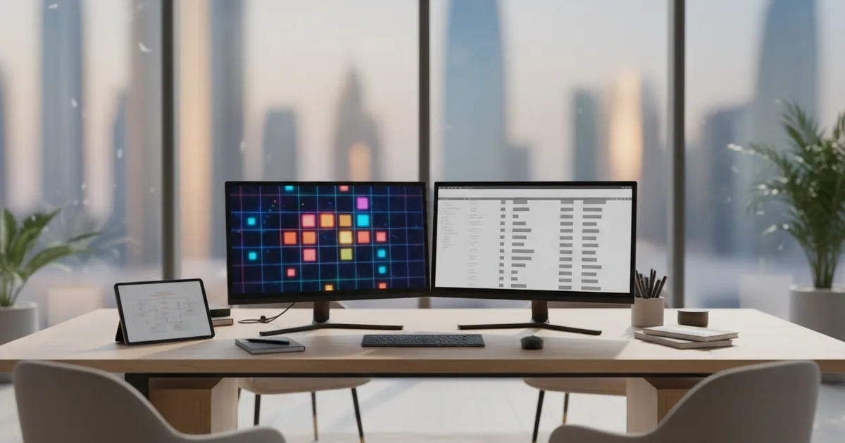 Live UAE off-plan database on dual monitors in a Dubai agency office